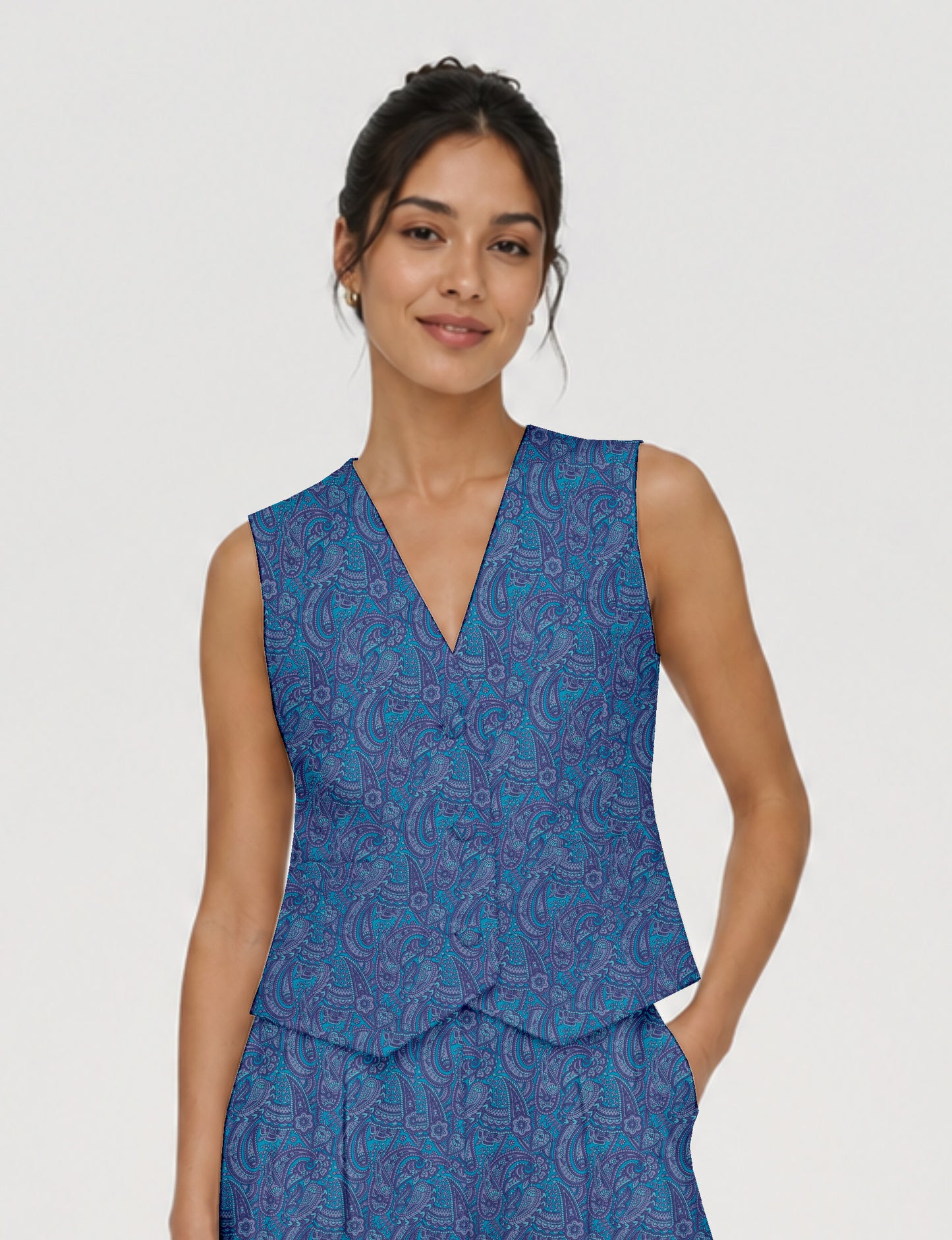 Women's fitted waistcoat with V-neck, single-breasted button closure, tailored silhouette, and pointed hem in sustainable fashion.