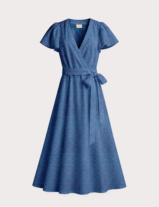 Elegant midi wrap dress with a V-neckline, adjustable waist tie, fitted bodice, and flared skirt for a timeless, flattering silhouette.