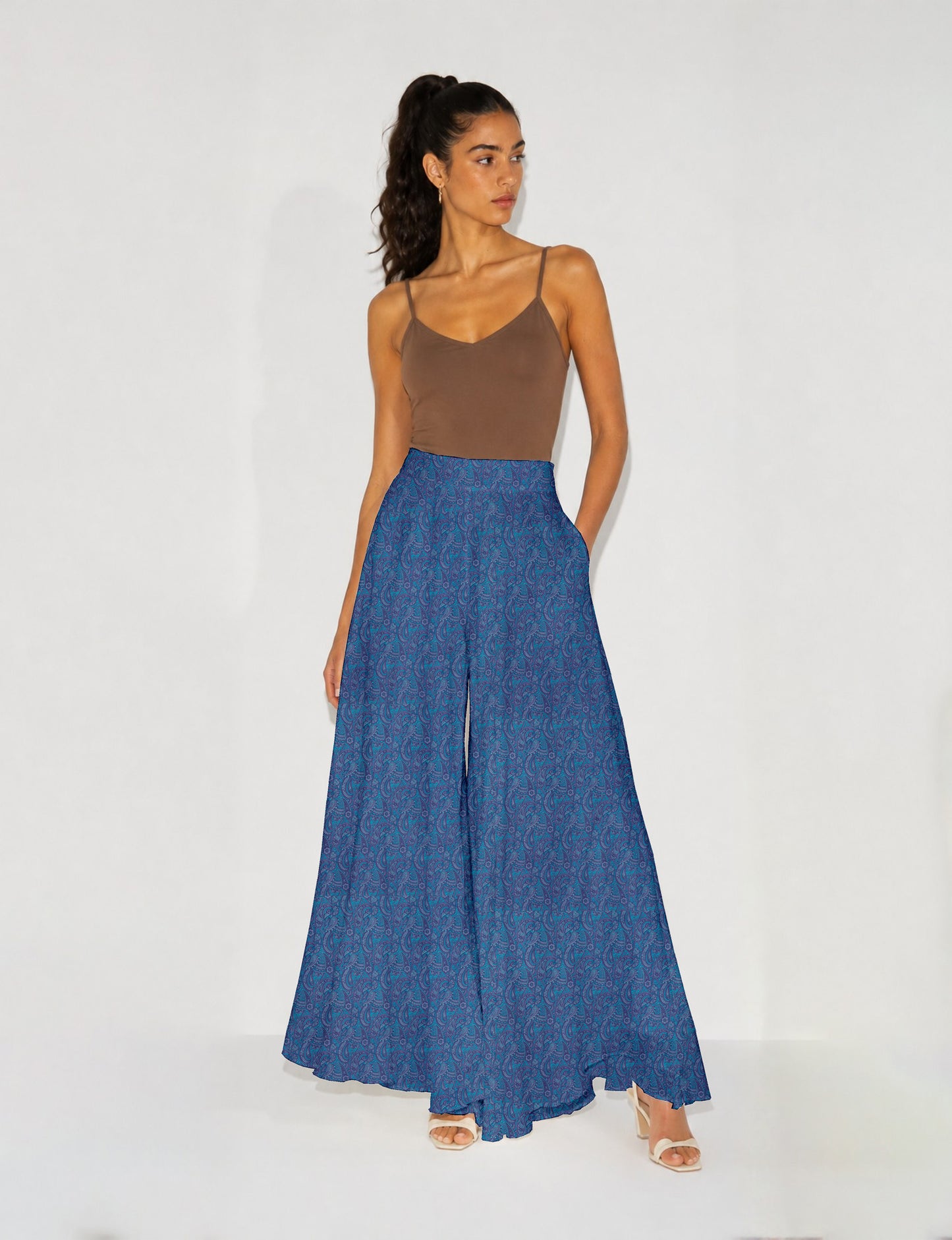 Wide Leg Palazzo Trousers - Blue Paisley