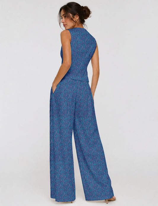 Women's tailored waistcoat set with a sleeveless V-neck button-front waistcoat and high-rise wide leg trousers in a coordinated matching outfit.