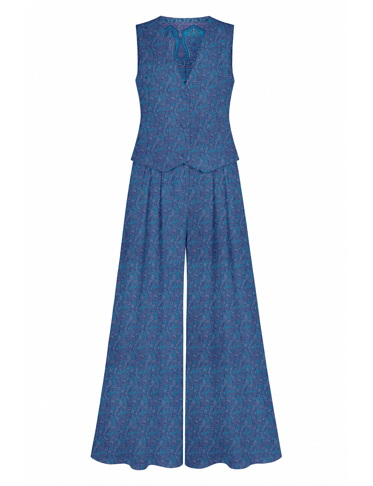 Women's tailored waistcoat set with a sleeveless V-neck button-front waistcoat and high-rise wide leg trousers in a coordinated matching outfit.