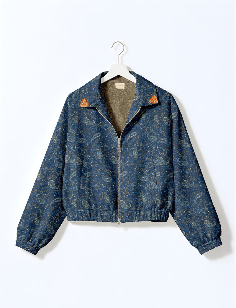 Love Bomber Jacket made from recycled fabric, featuring hand-stitched Aari embroidery. A unique piece of zero-waste clothing, part of the circular fashion movement. Designed with upcycled materials for a stylish yet environmentally friendly clothing choice.