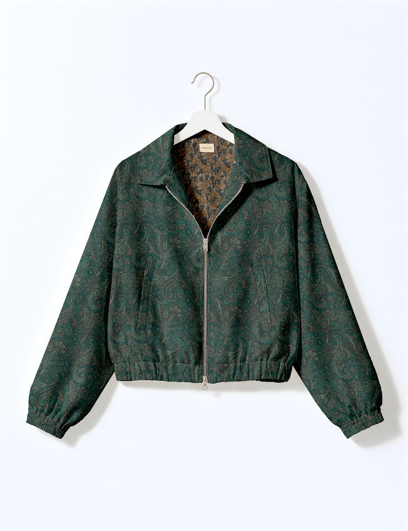 Brown floral bomber jacket with front zipper, elastic cuffs and hem, hanging on white hanger, red floral inner lining visible