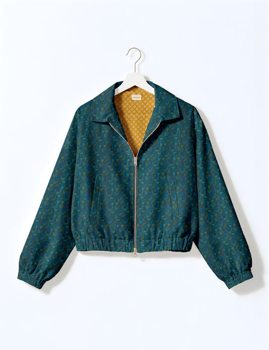 Yellow bomber jacket with micro geometric pattern, silver front zipper, elastic cuffs, and blue floral inner lining, hanging