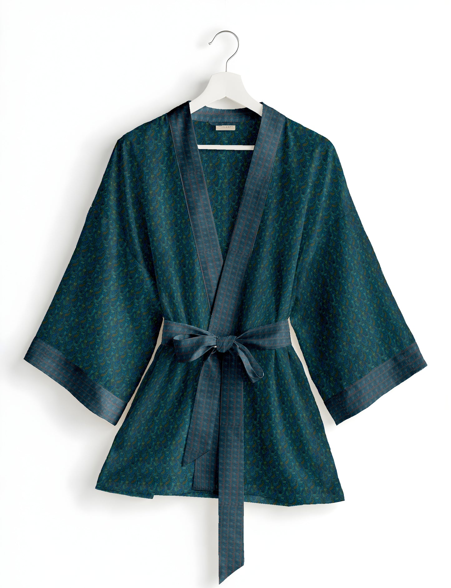 Short kimono robe with wrap front, V-neckline, wide sleeves, waist tie, and concealed skort detail.