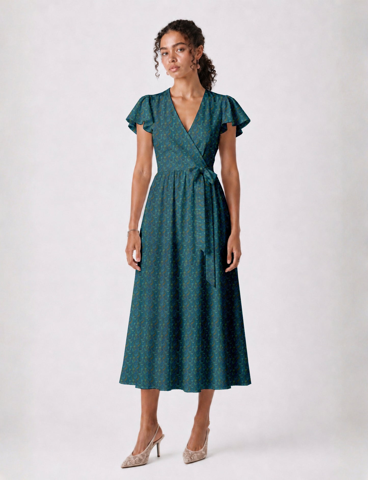 Midi wrap dress with V-neckline, fitted bodice, tie waist, and flared mid-calf skirt