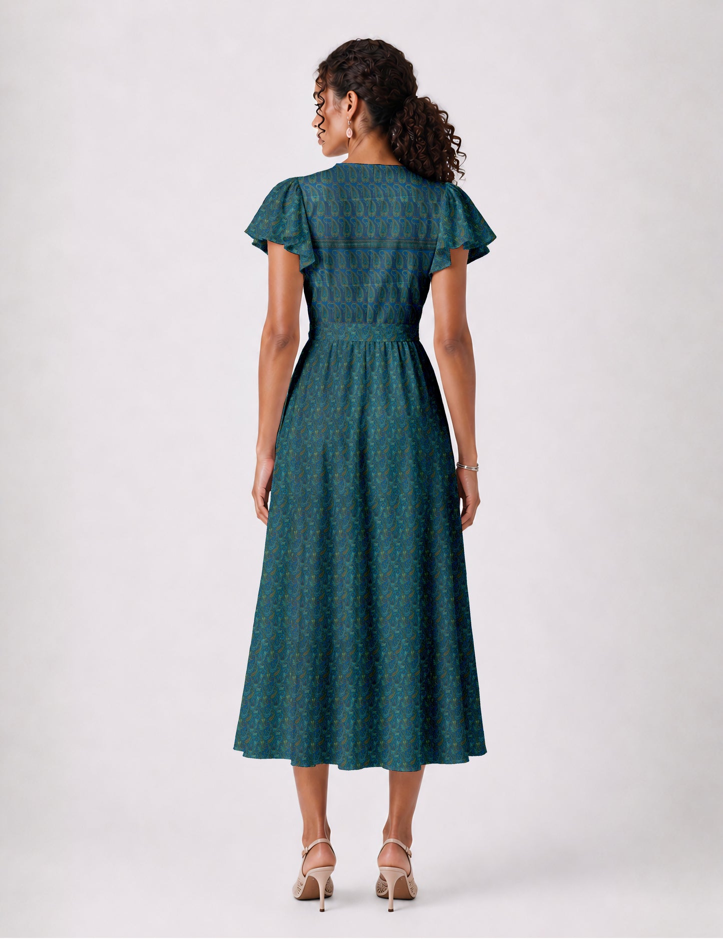 Midi wrap dress with V-neckline, fitted bodice, tie waist, and flared mid-calf skirt
