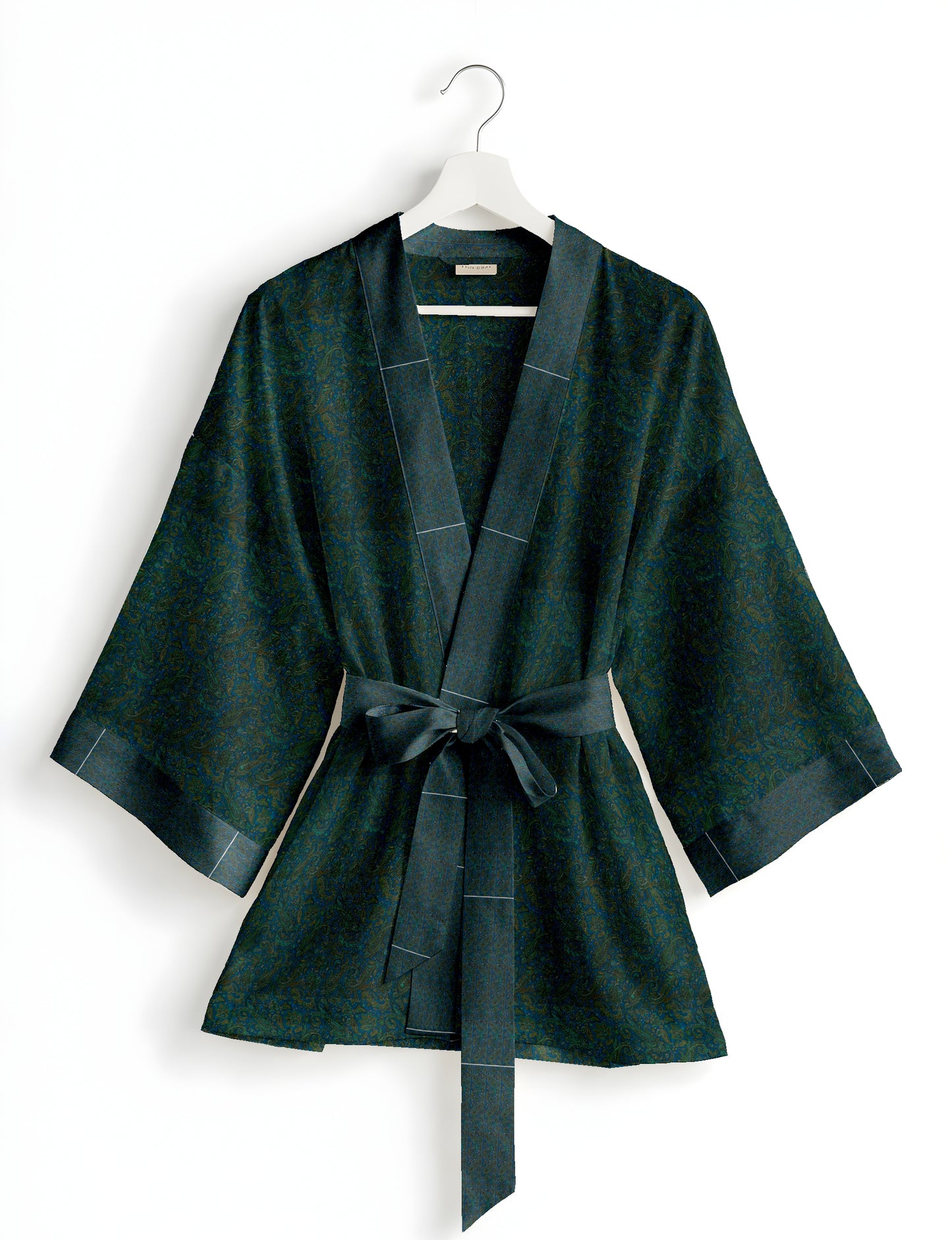 Short kimono robe with wrap front, V-neckline, wide sleeves, waist tie, and concealed skort detail.