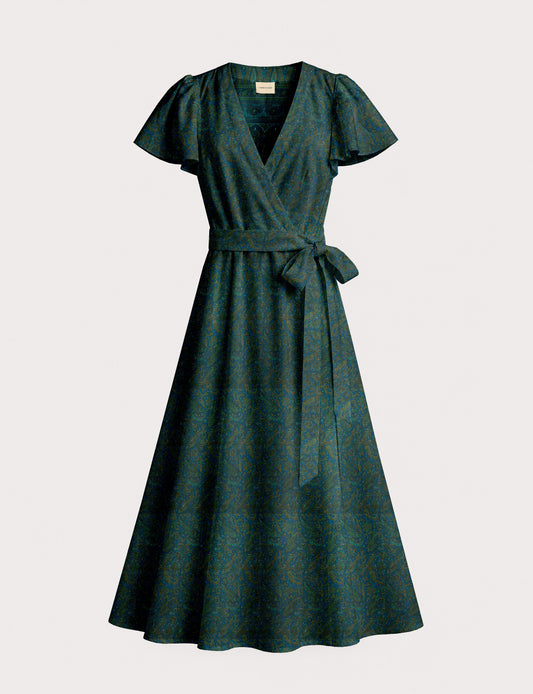 Midi wrap dress with V-neckline, fitted bodice, tie waist, and flared mid-calf skirt
