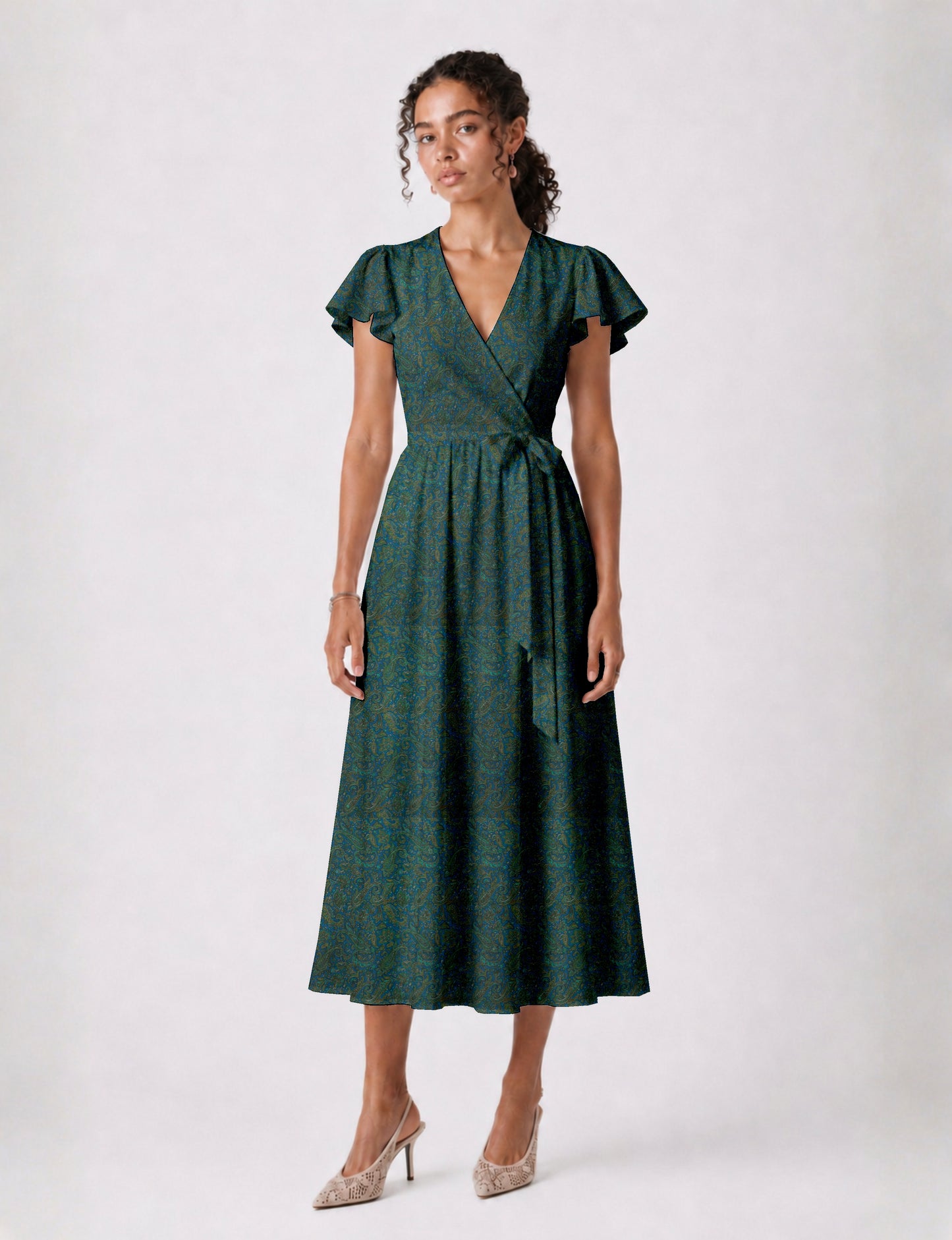 Midi wrap dress with V-neckline, fitted bodice, tie waist, and flared mid-calf skirt