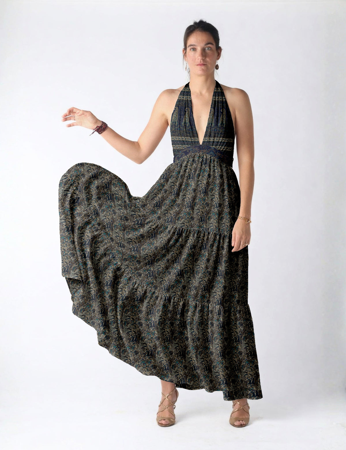 Maxi tiered dress by I was a Sari with halter neckline and flowy silhouette