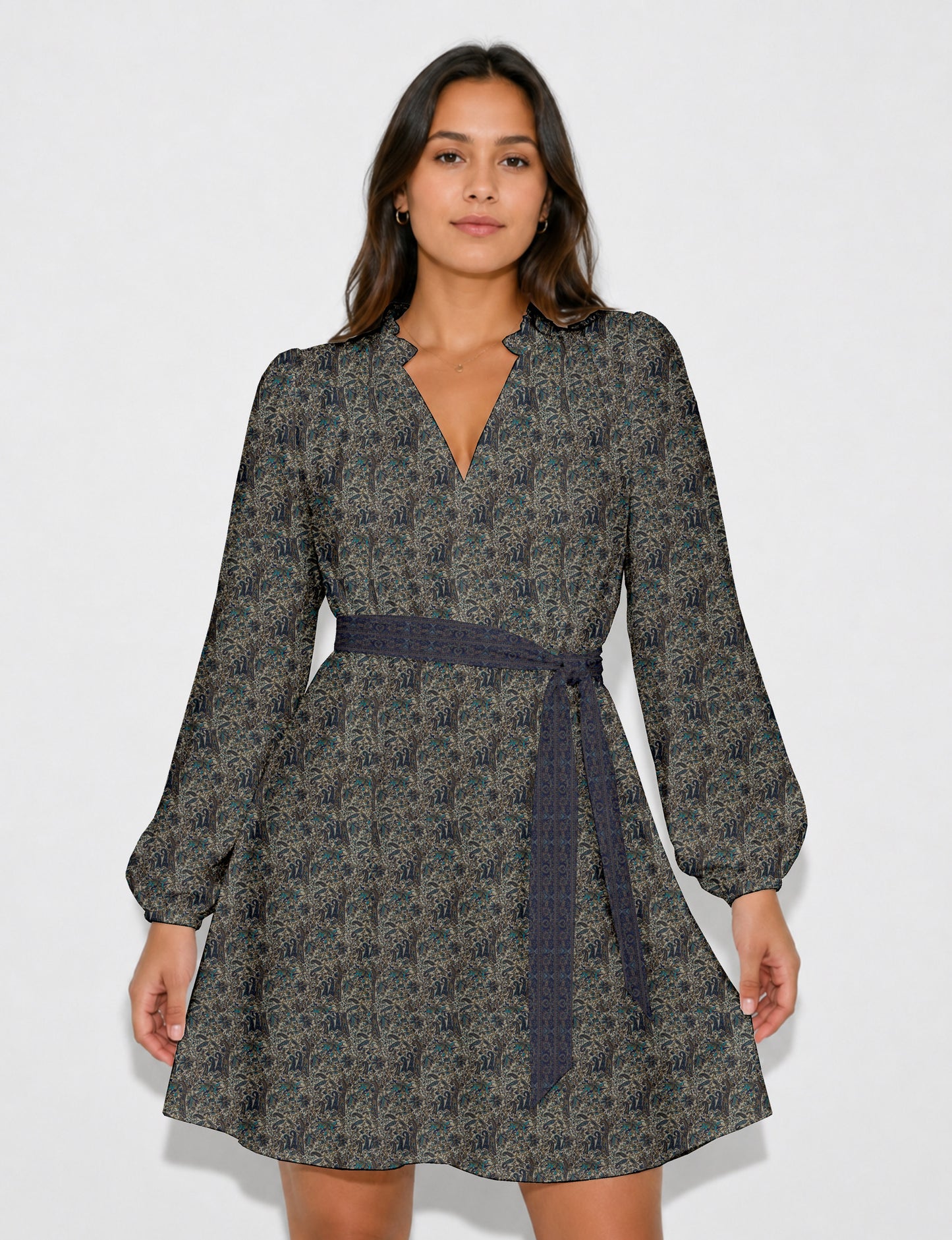 Swing dress with belt - Blue Paisley