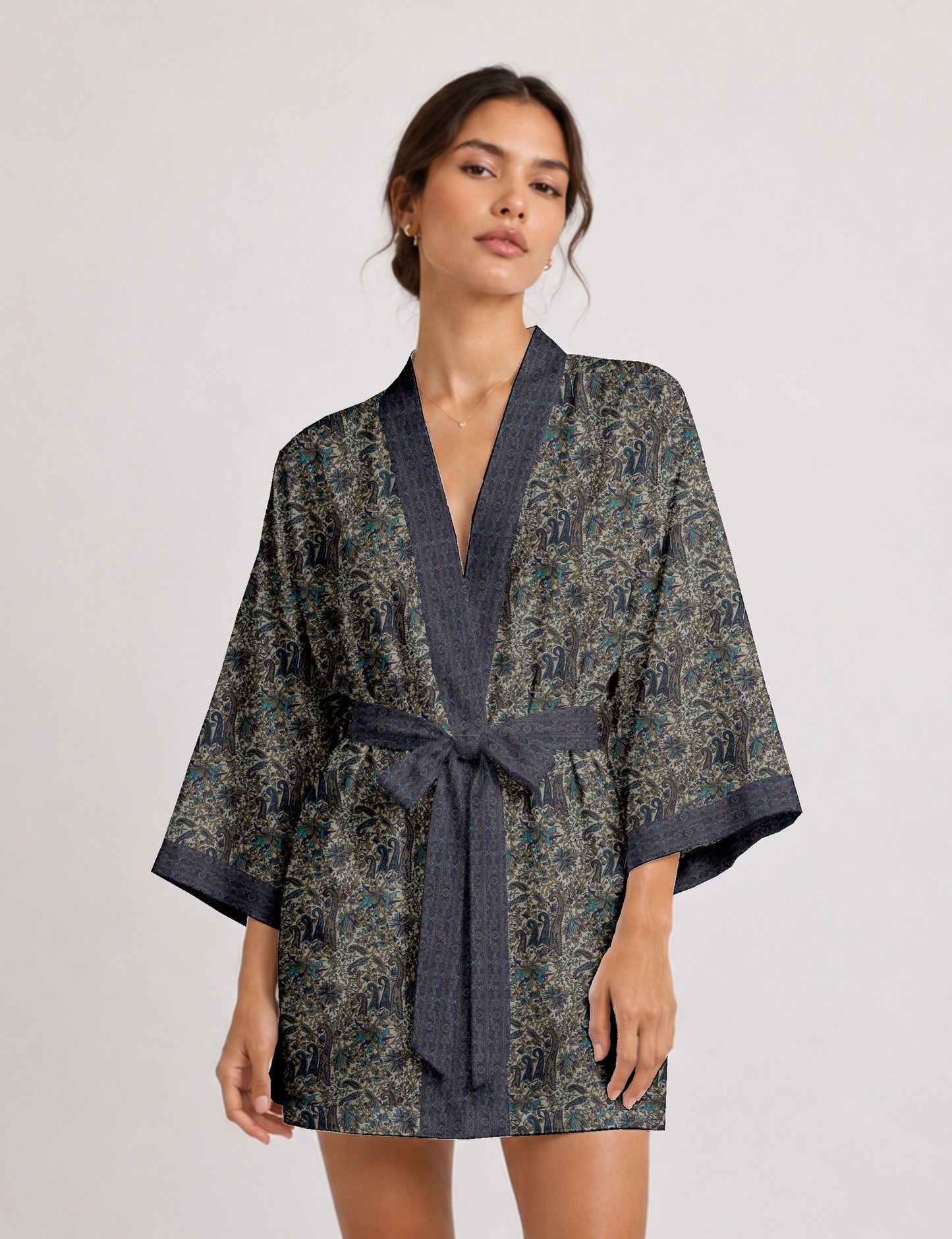 Short kimono robe - Blue Paisley