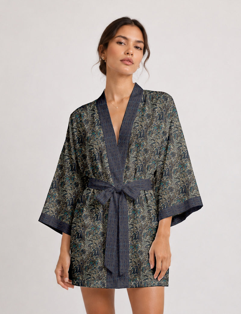 Short kimono robe - Blue Paisley