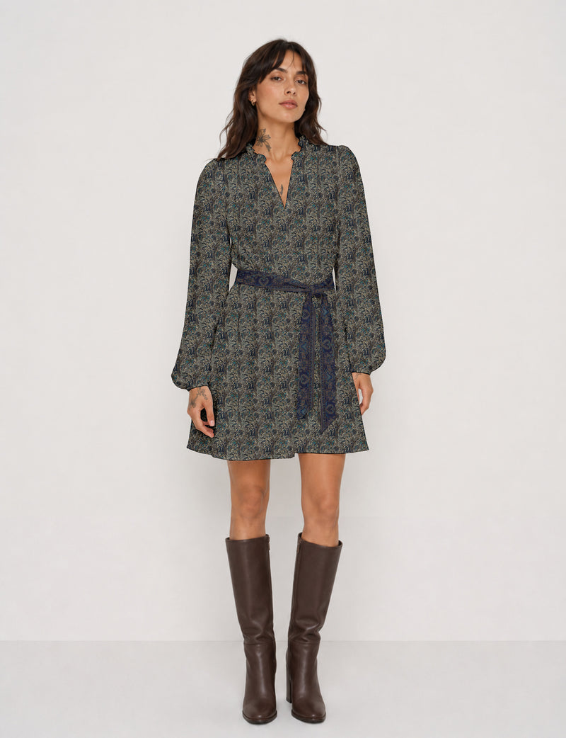 Swing dress with belt - Blue Paisley