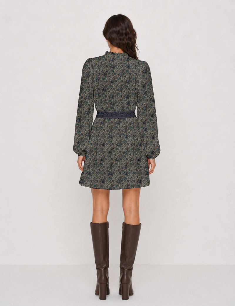 Swing dress with belt - Blue Paisley