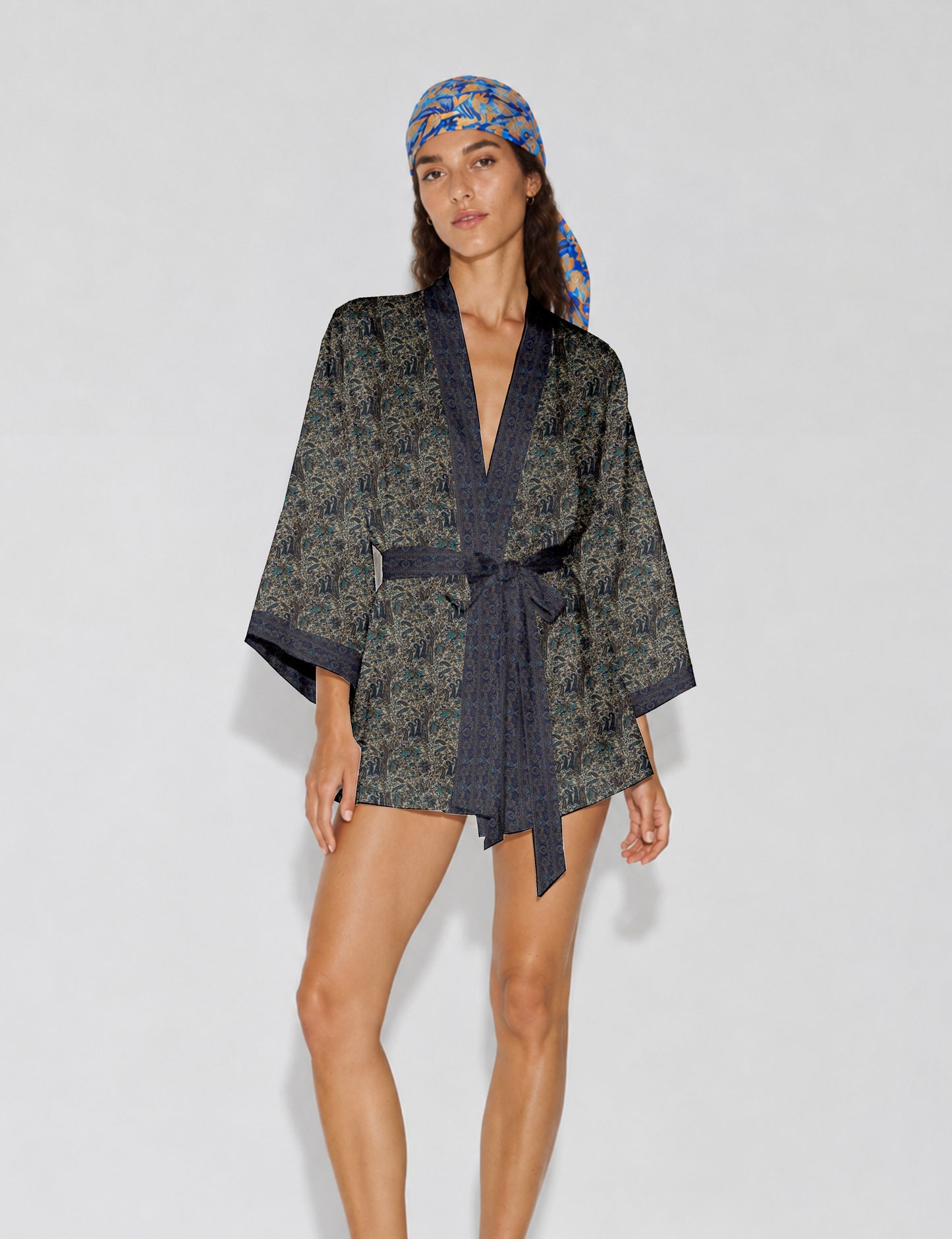 Short kimono robe - Blue Paisley