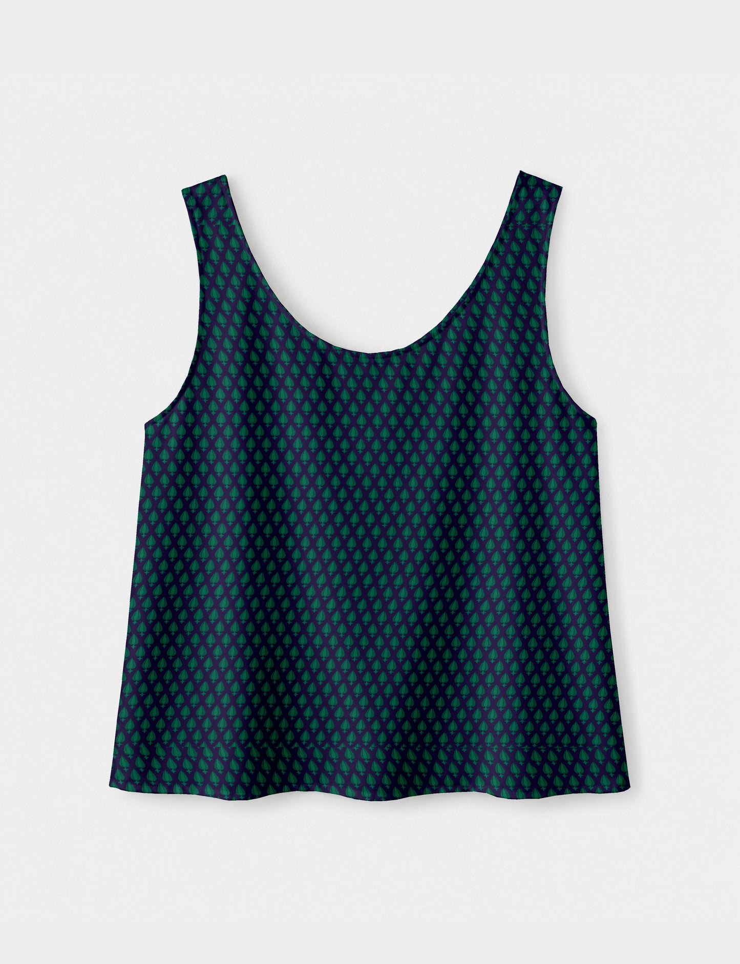 Women's sleeveless blouse with a relaxed straight fit, wide scoop neckline, deep scoop back, and hip-length silhouette.