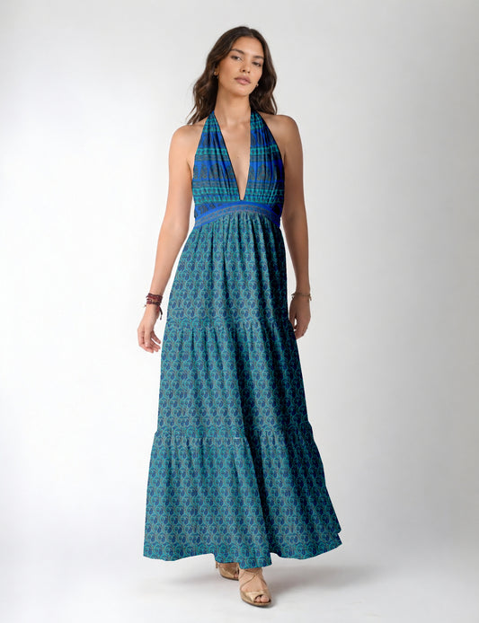 Maxi tiered dress by I was a Sari with halter neckline and flowy silhouette