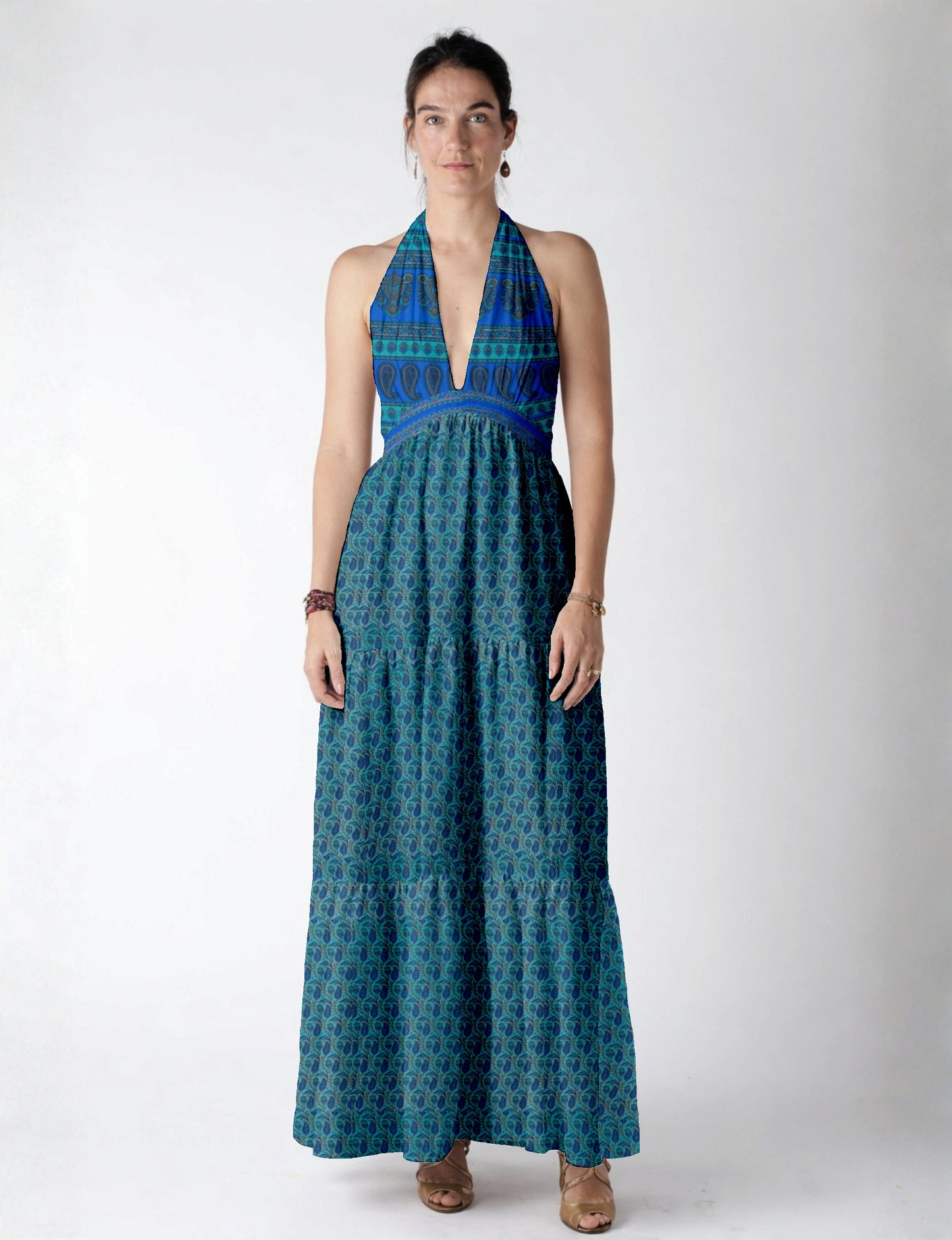 Halter neck maxi dress with tiered layers and elasticated back