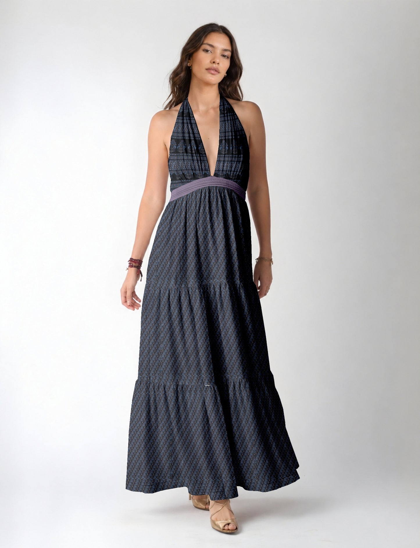 Maxi tiered dress by I was a Sari with halter neckline and flowy silhouette