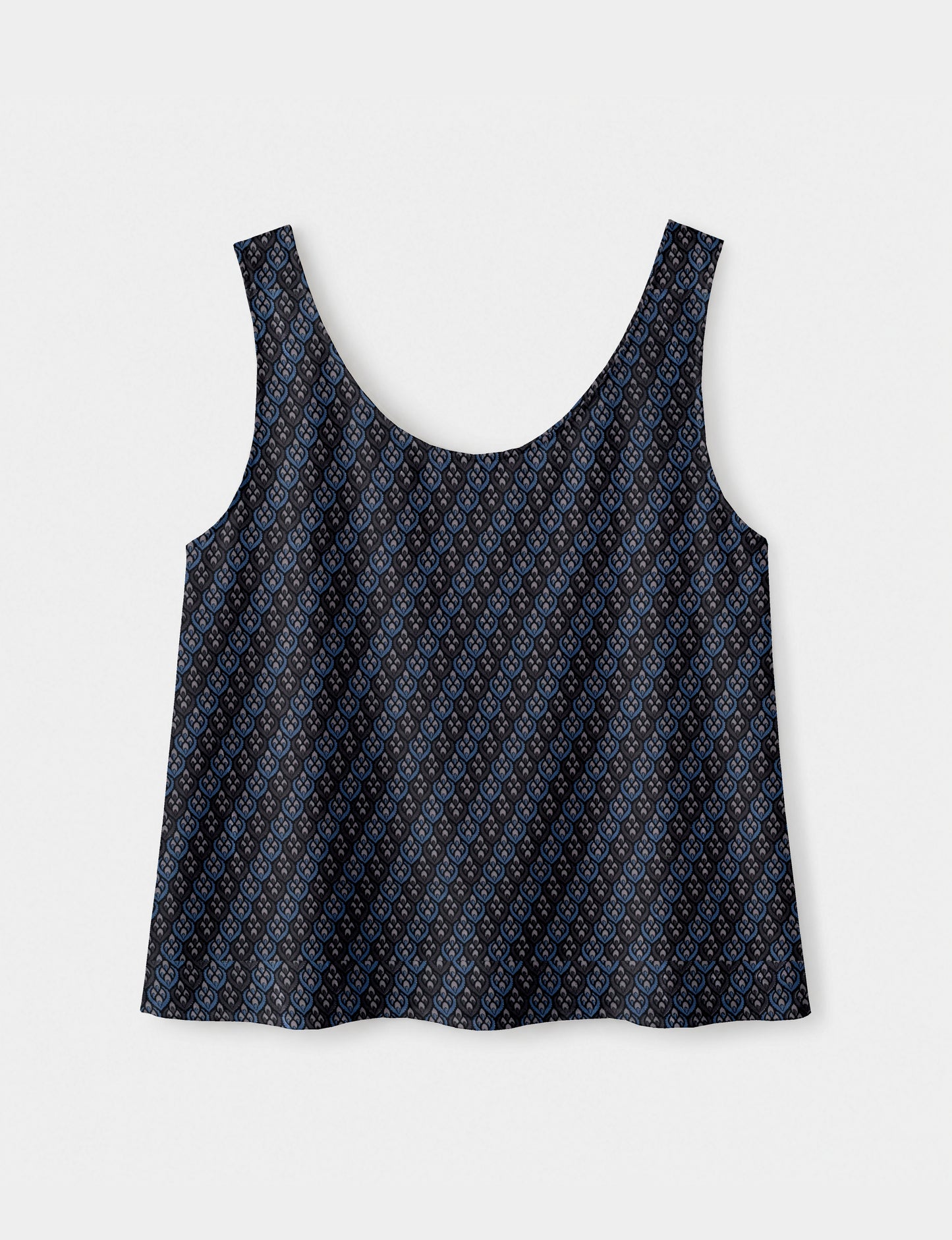 Women's sleeveless blouse with a relaxed straight fit, wide scoop neckline, deep scoop back, and hip-length silhouette.