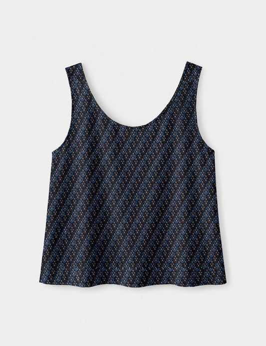 Women's sleeveless blouse with a relaxed straight fit, wide scoop neckline, deep scoop back, and hip-length silhouette.