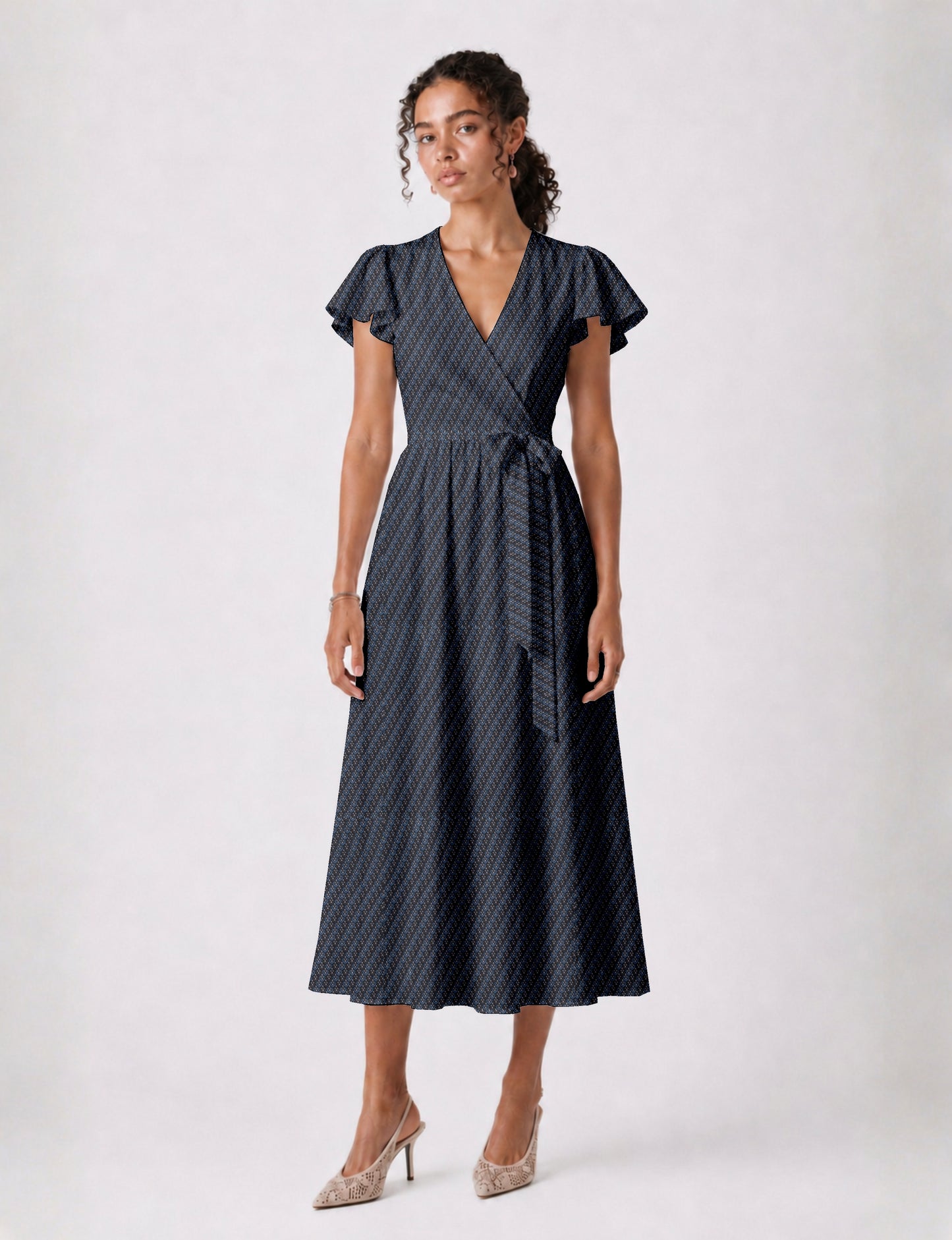Midi wrap dress with V-neckline, fitted bodice, tie waist, and flared mid-calf skirt