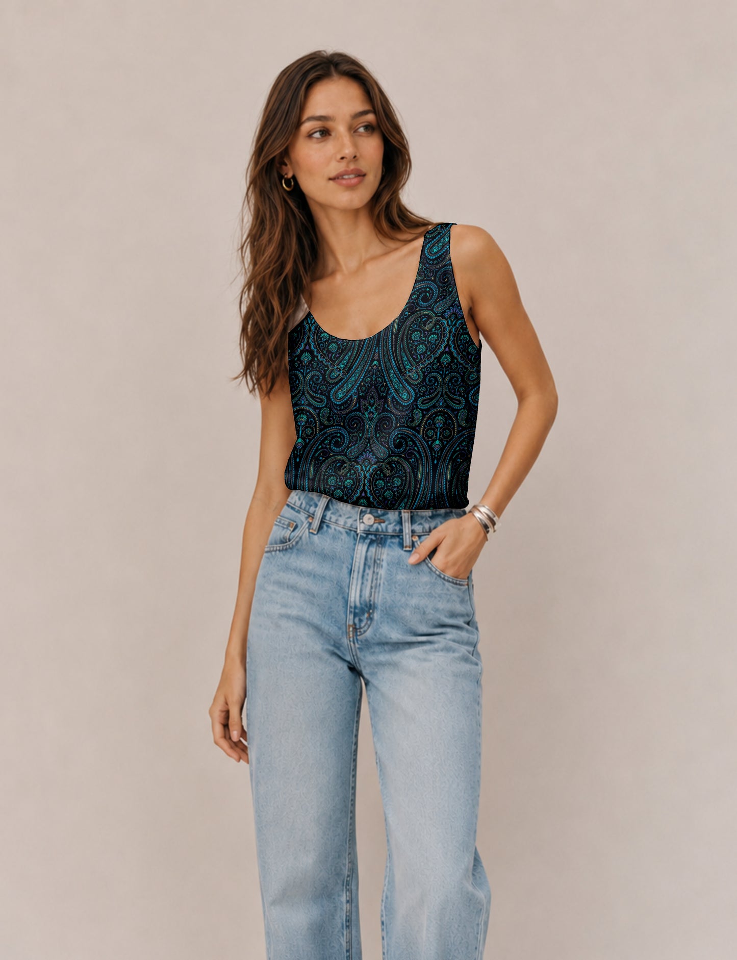 Women's sleeveless blouse with a relaxed straight fit, wide scoop neckline, deep scoop back, and hip-length silhouette.