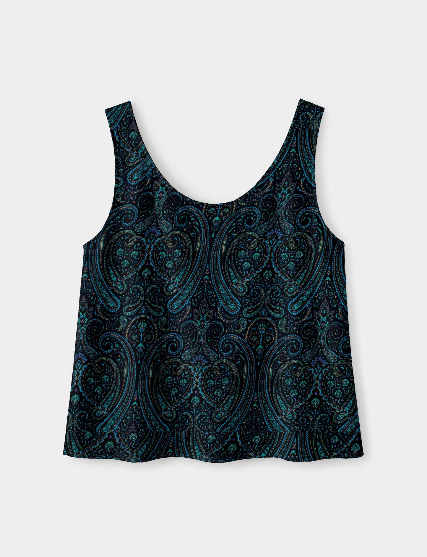 Women's sleeveless blouse with a relaxed straight fit, wide scoop neckline, deep scoop back, and hip-length silhouette.