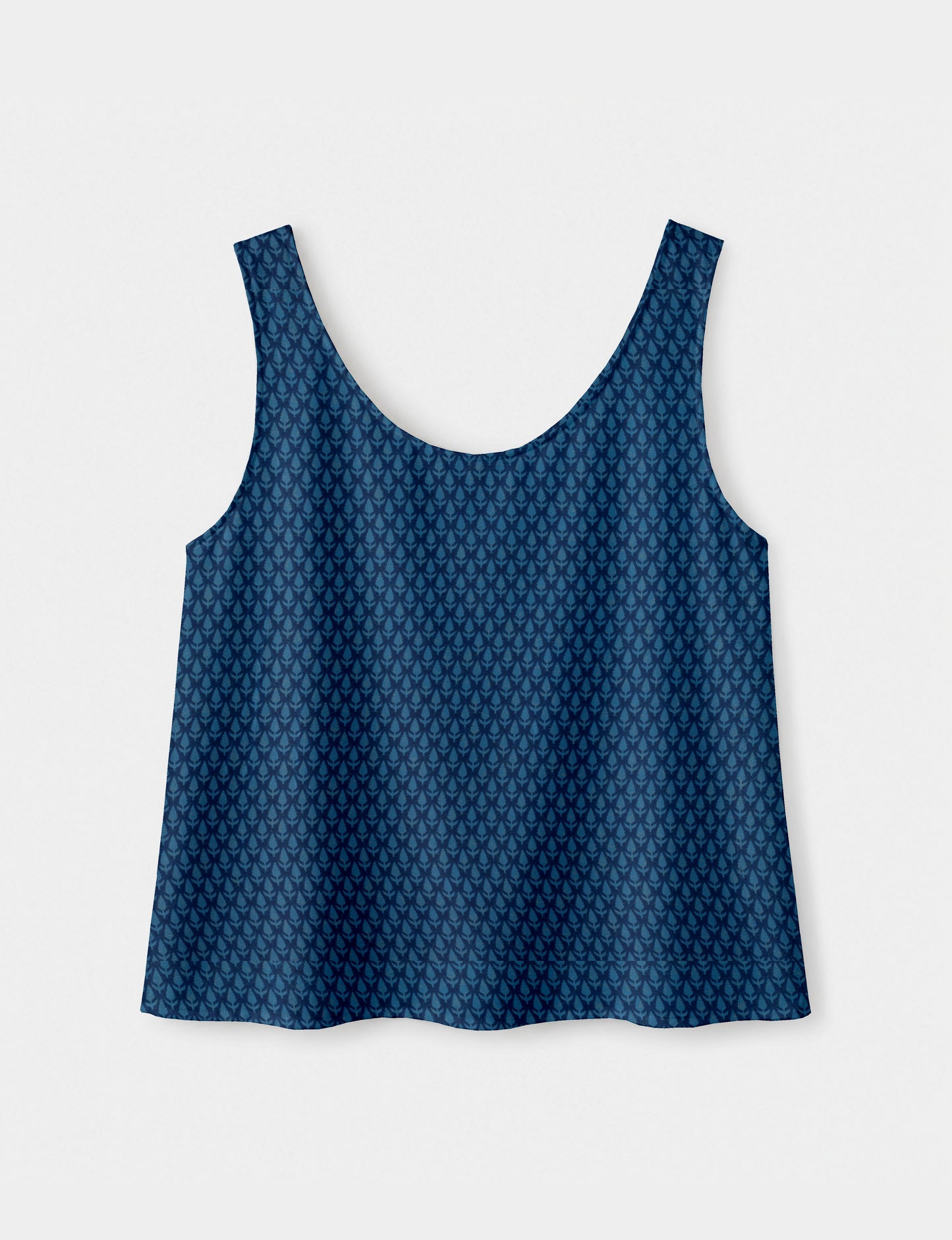 Women's sleeveless blouse with a relaxed straight fit, wide scoop neckline, deep scoop back, and hip-length silhouette.