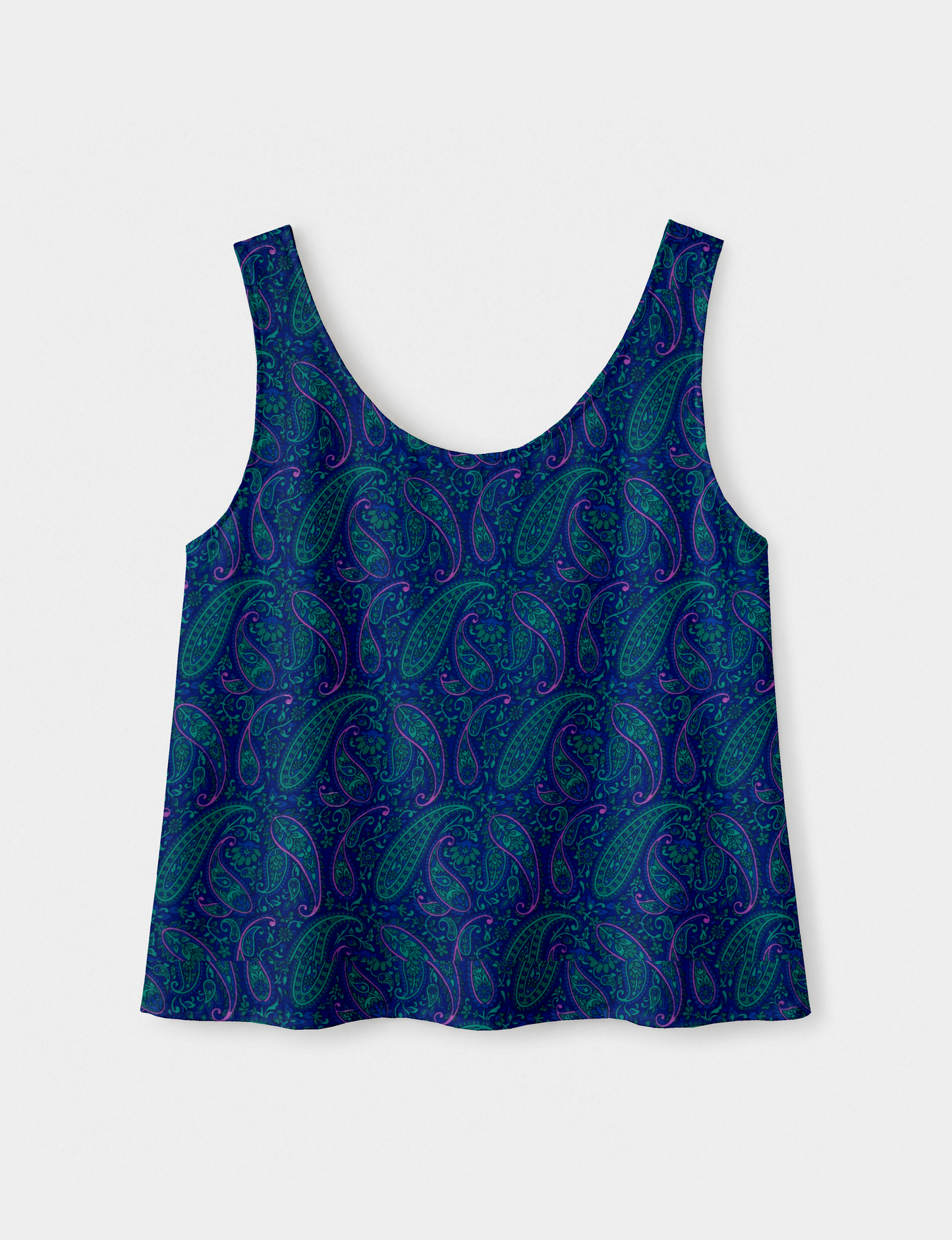 Women's sleeveless blouse with a relaxed straight fit, wide scoop neckline, deep scoop back, and hip-length silhouette.
