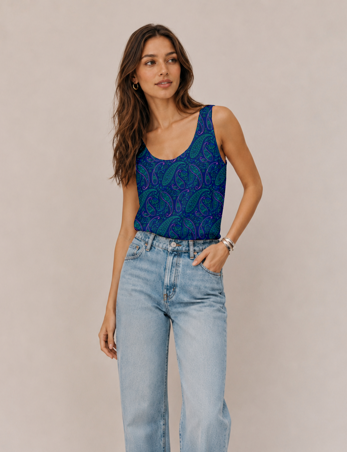 Women's sleeveless blouse with a relaxed straight fit, wide scoop neckline, deep scoop back, and hip-length silhouette.