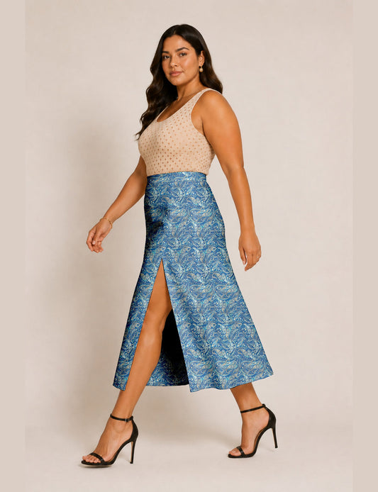 A line skirt with slit - Blue Paisley