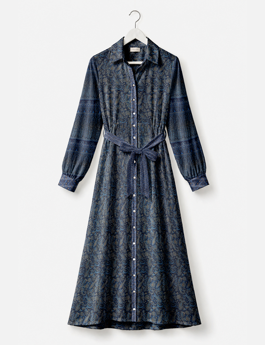 Long shirt dress side view highlighting flared silhouette