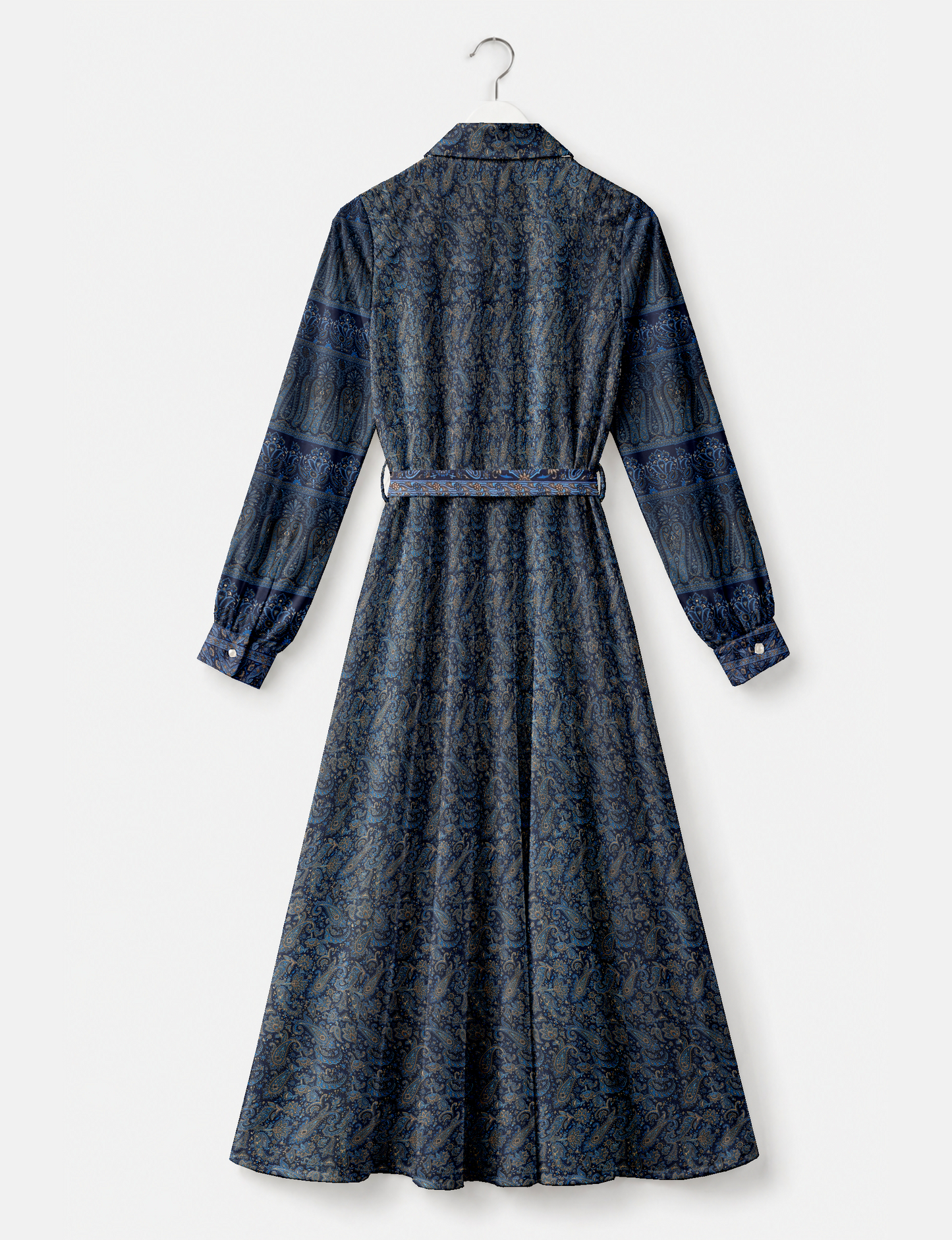 Long blue paisley patterned shirt dress with long sleeves, buttoned cuffs, collar, and matching belt, back view on hanger