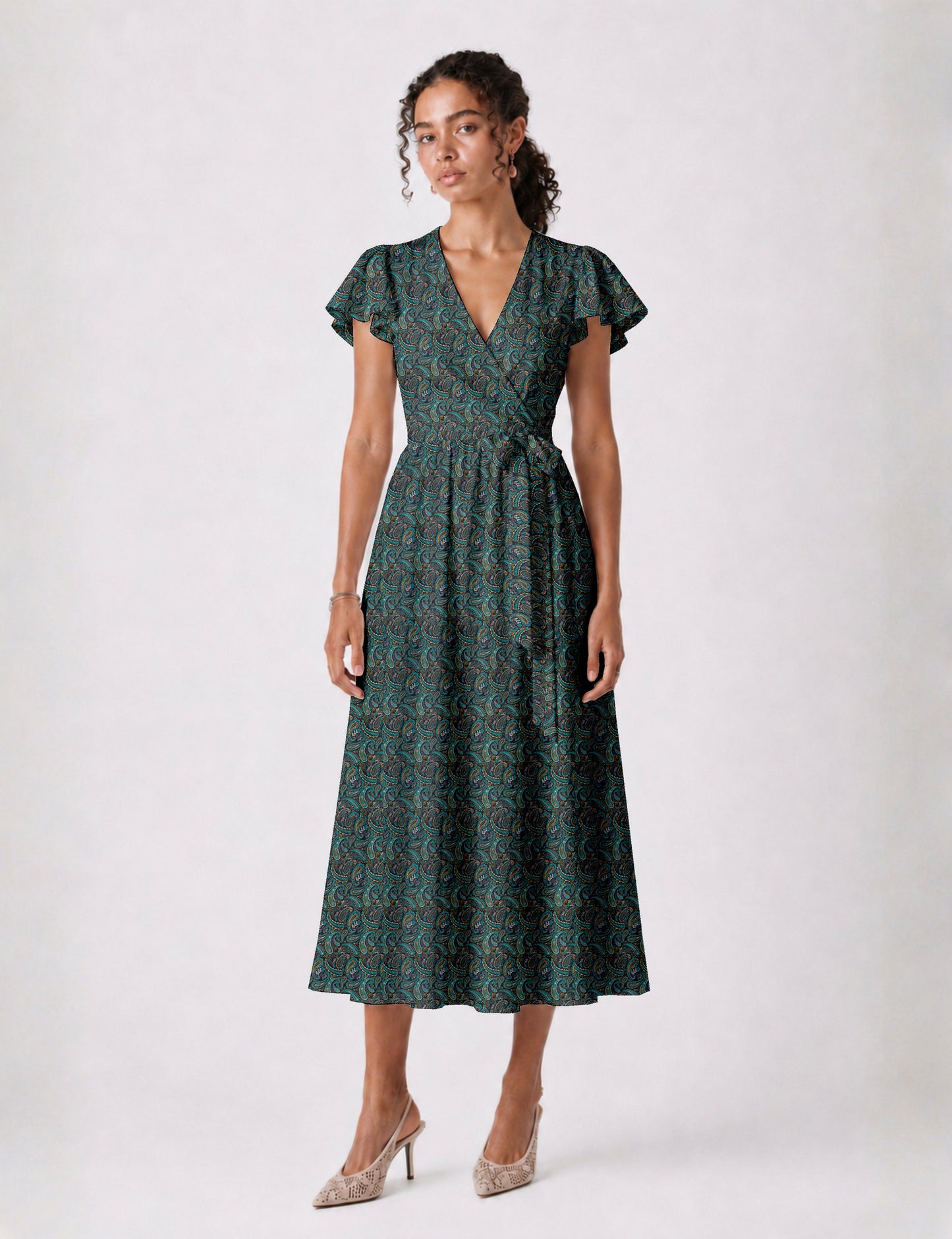 Elegant midi wrap dress with a V-neckline, adjustable waist tie, fitted bodice, and flared skirt for a timeless, flattering silhouette.