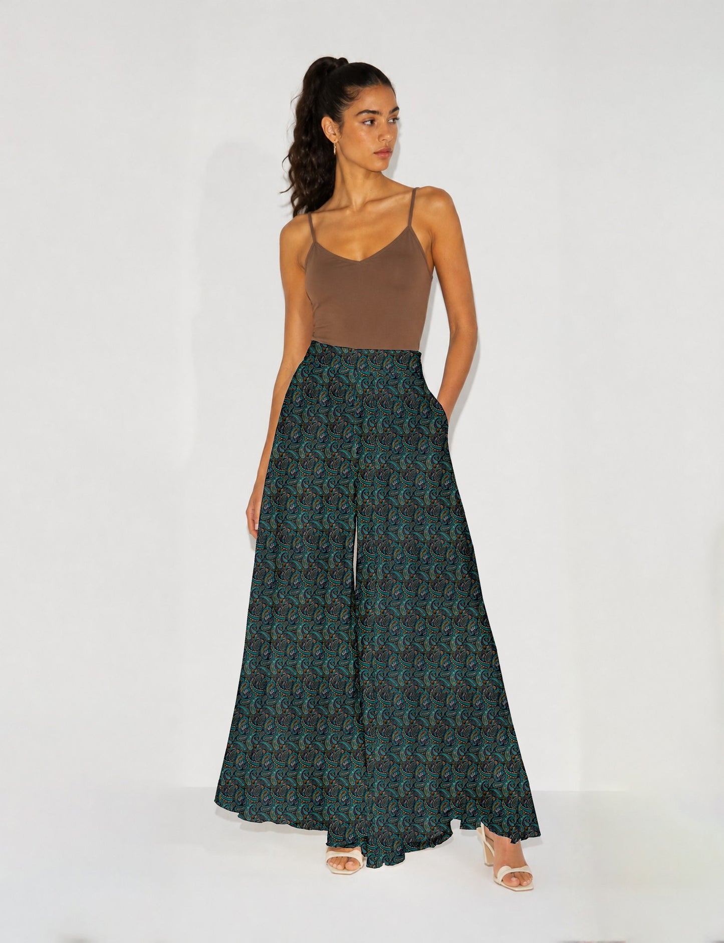 Wide Leg Palazzo Trousers - Blue Paisley
