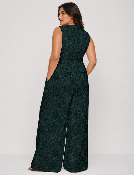 Women's tailored waistcoat set with a sleeveless V-neck button-front waistcoat and high-rise wide leg trousers in a coordinated matching outfit.
