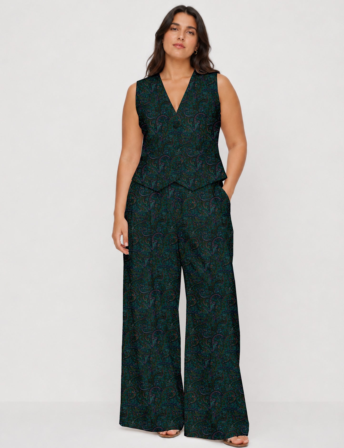Women's tailored waistcoat set with a sleeveless V-neck button-front waistcoat and high-rise wide leg trousers in a coordinated matching outfit.