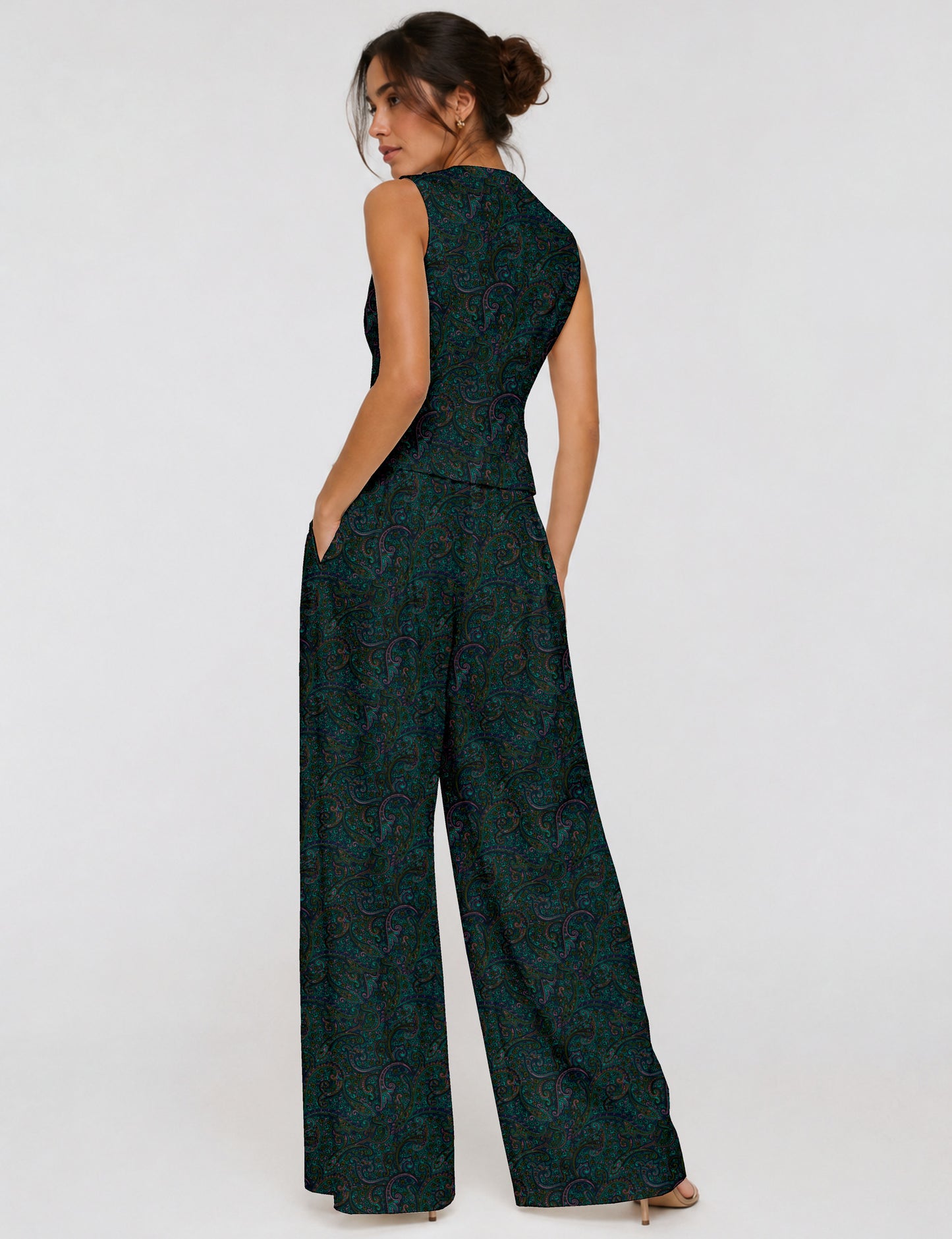 Women's tailored waistcoat set with a sleeveless V-neck button-front waistcoat and high-rise wide leg trousers in a coordinated matching outfit.