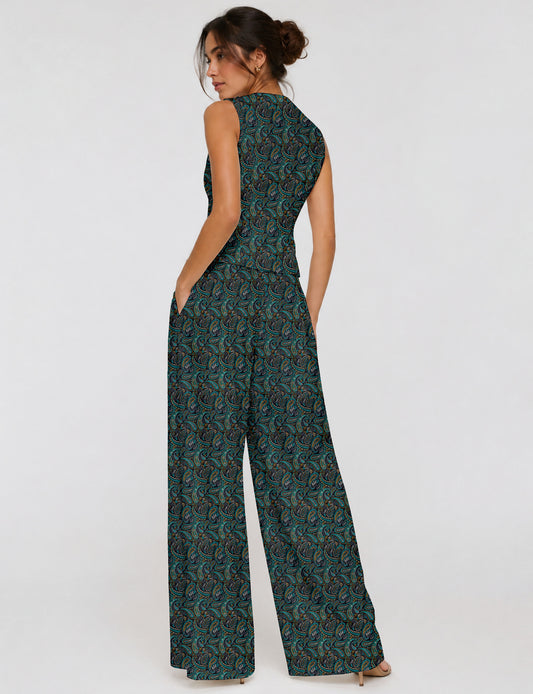 Women's tailored waistcoat set with a sleeveless V-neck button-front waistcoat and high-rise wide leg trousers in a coordinated matching outfit.