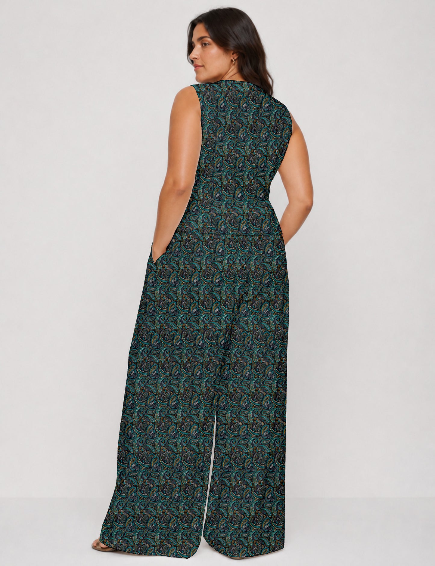 Women's tailored waistcoat set with a sleeveless V-neck button-front waistcoat and high-rise wide leg trousers in a coordinated matching outfit.