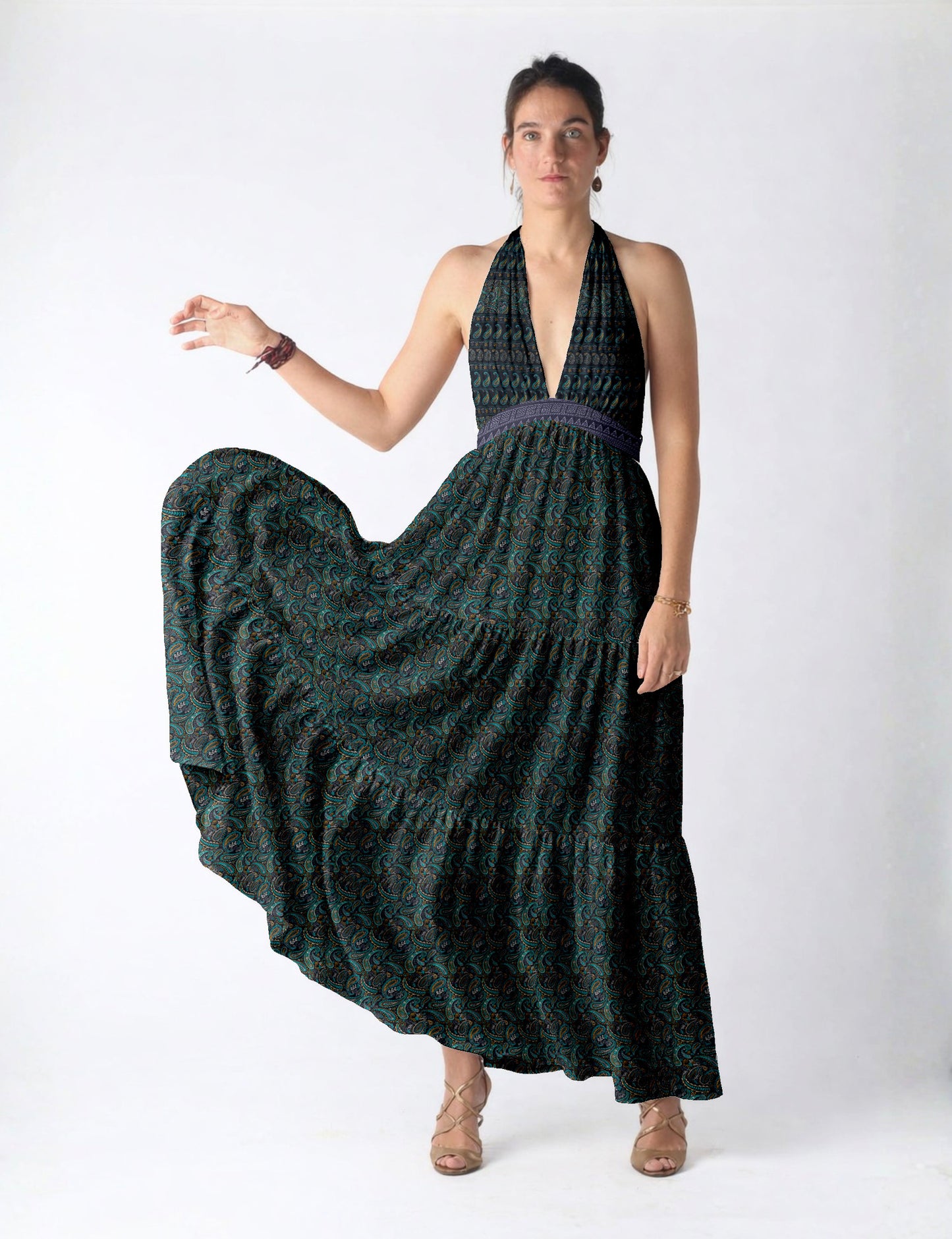 Maxi tiered dress by I was a Sari with halter neckline and flowy silhouette