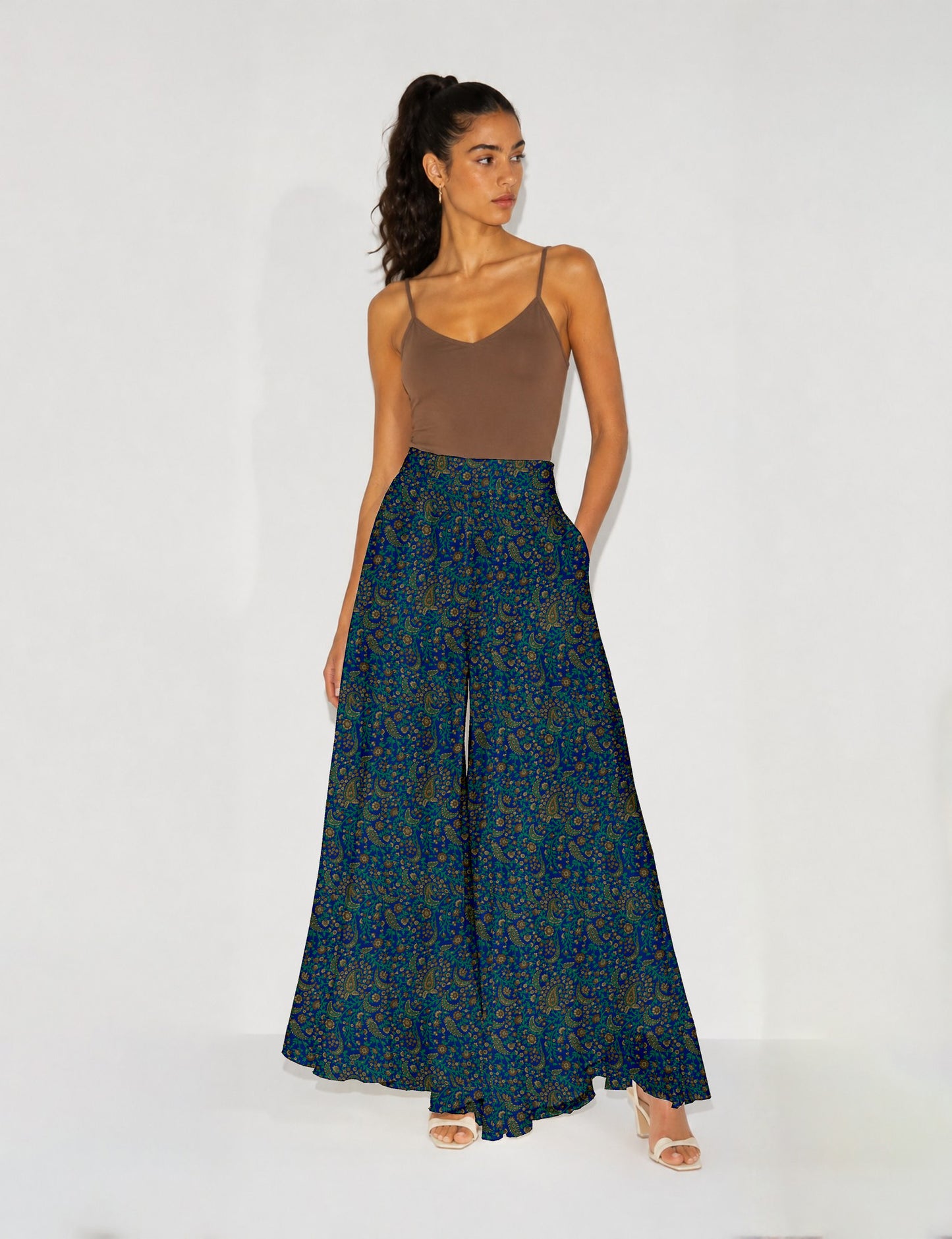Wide Leg Palazzo Trousers - Blue Paisley