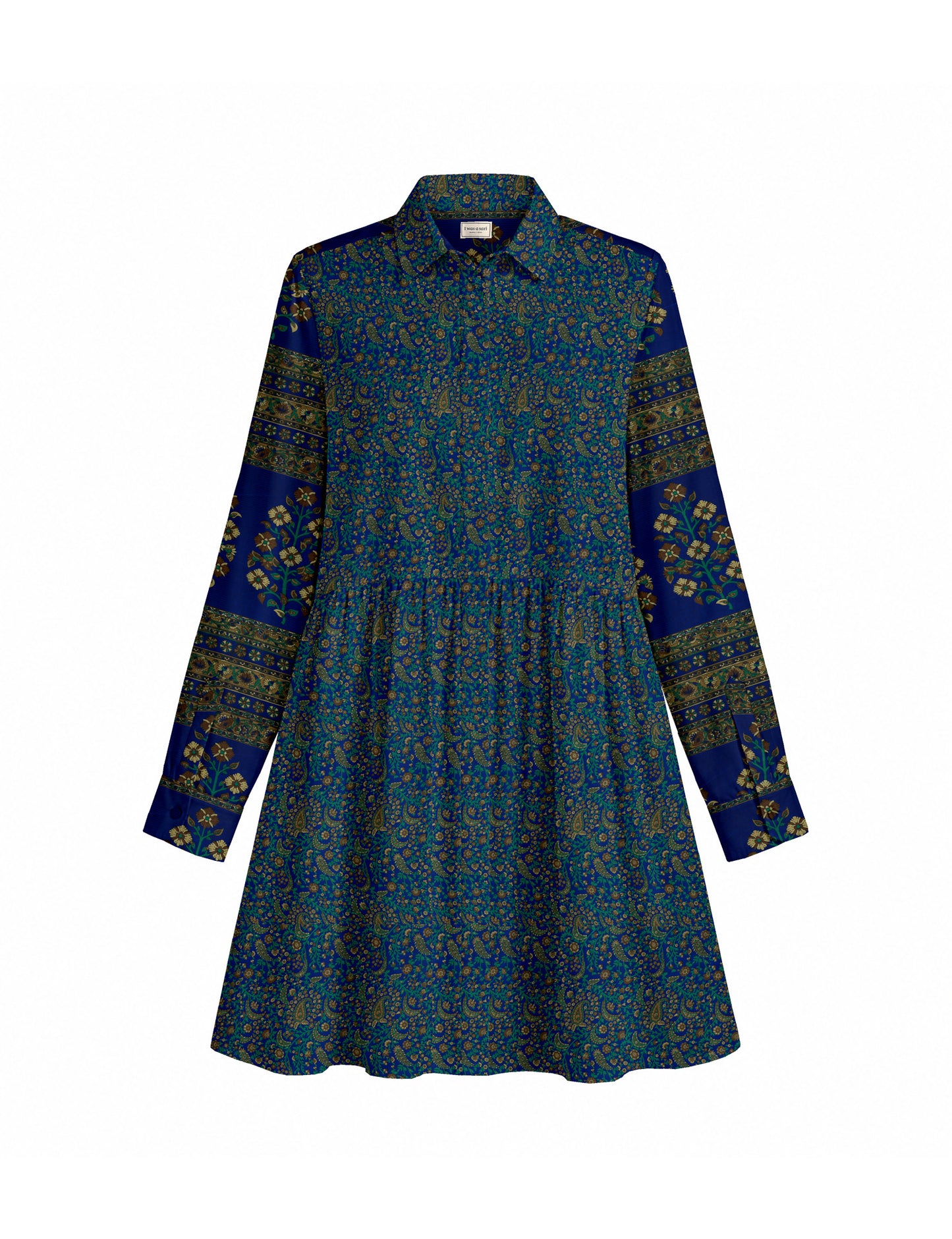 Short shirt dress with a relaxed A-line silhouette, point collar, partial button placket, gathered waist, side pockets, and full-length cuffed sleeves.
