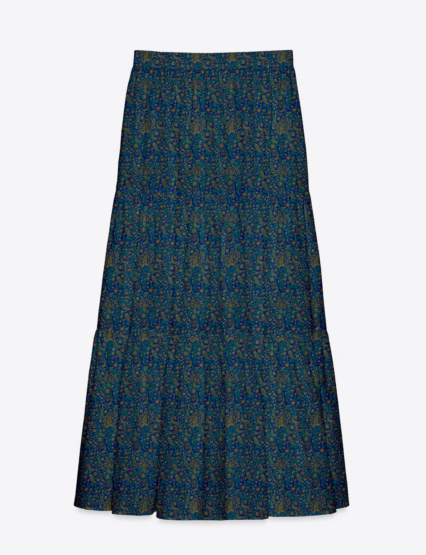 Yellow midi tiered skirt with small dark geometric micro pattern, flat lay front view