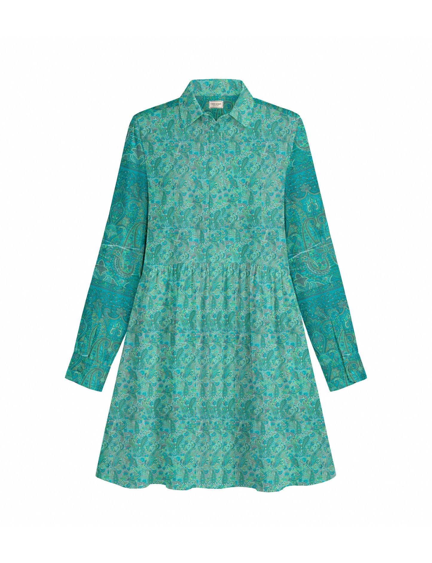 Short shirt dress with a relaxed A-line silhouette, point collar, partial button placket, gathered waist, side pockets, and full-length cuffed sleeves.