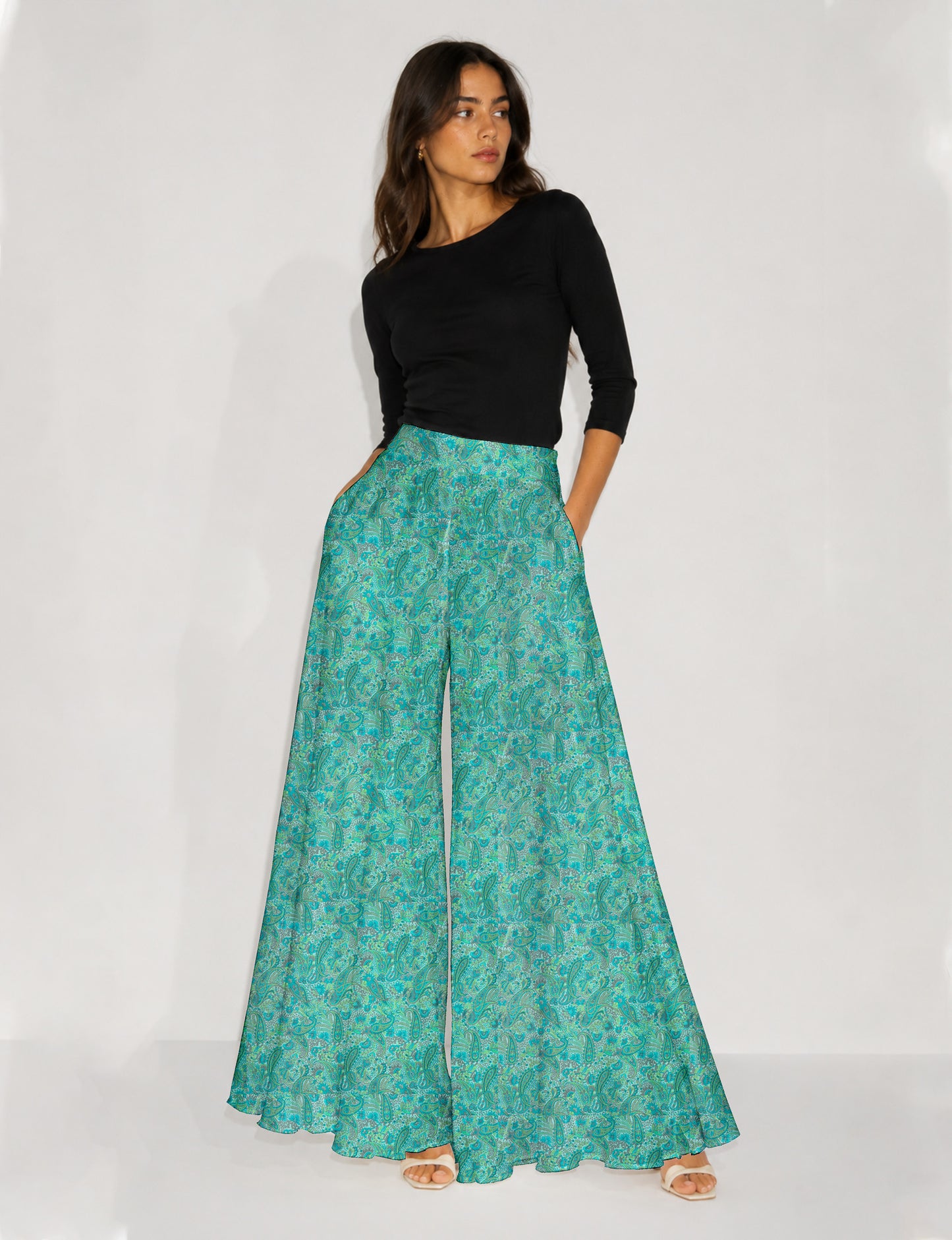 Wide Leg Palazzo Trousers - Blue Paisley