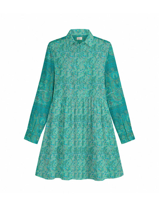 Short shirt dress with a relaxed A-line silhouette, point collar, partial button placket, gathered waist, side pockets, and full-length cuffed sleeves.